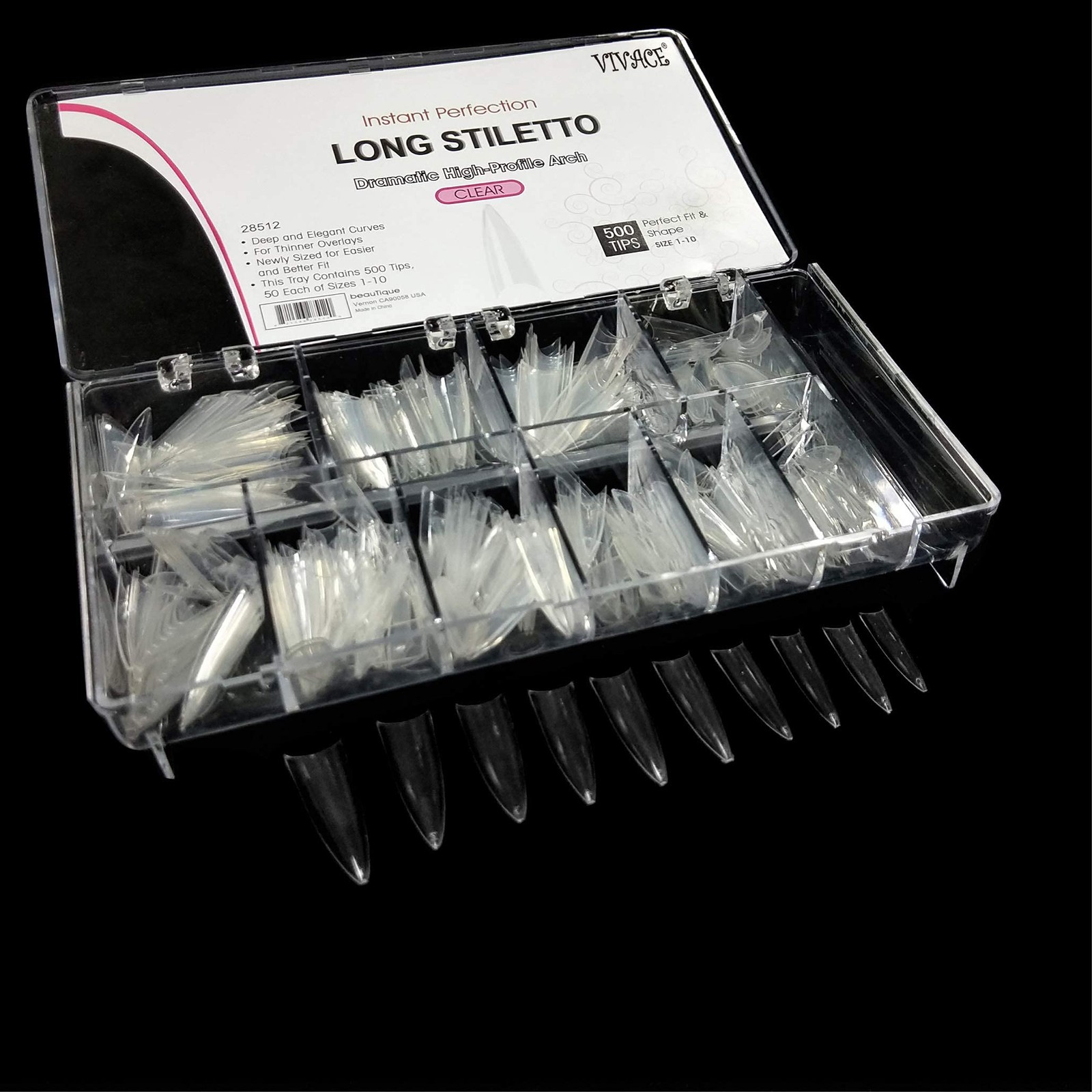 BeYou Clear Long Stiletto 500pcs False Fake Gel Nail Tips,10 Sizes With Clear