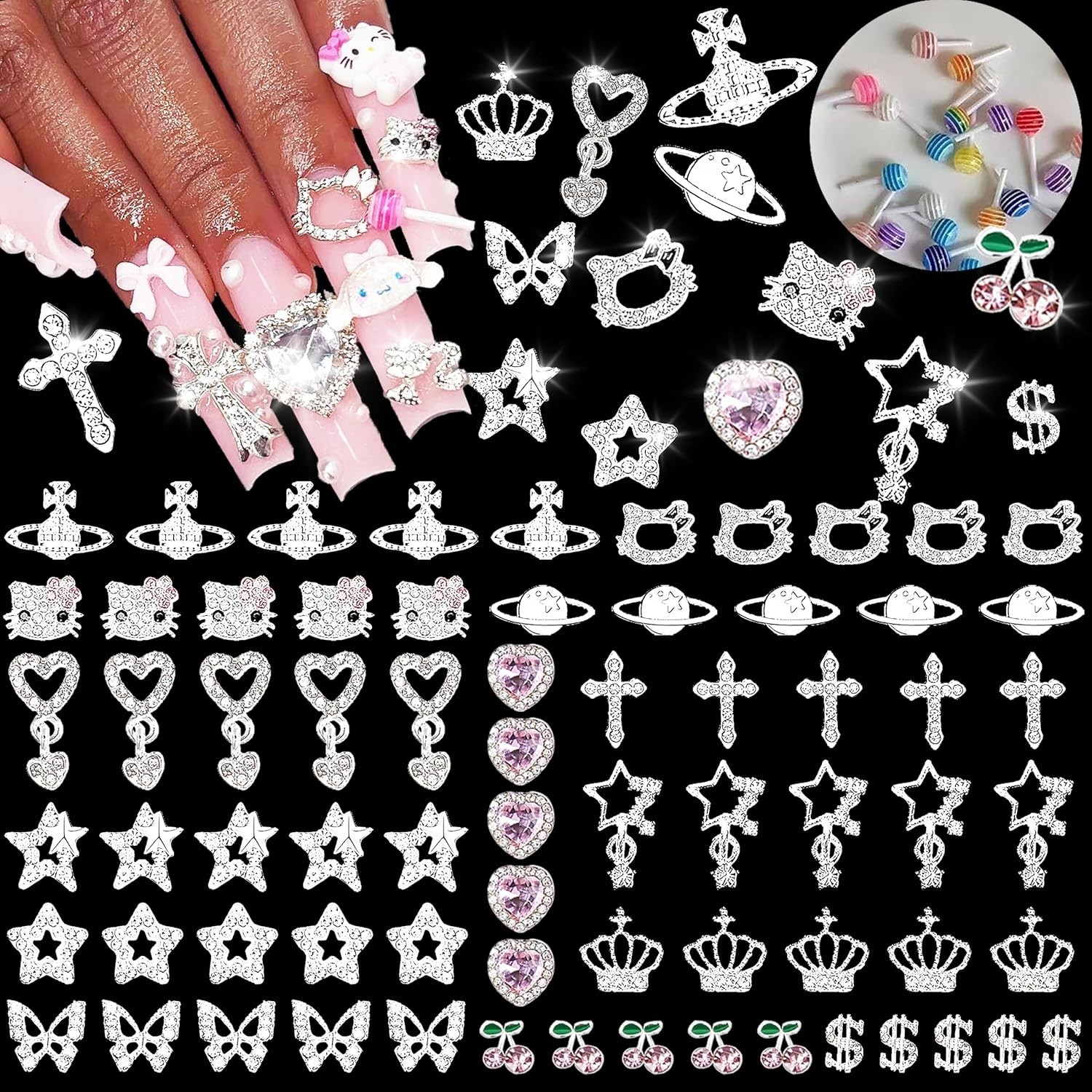 Vibrant 80Pcs Silver Nail Charms with Butterflies & Cherries for Unique Nail Art