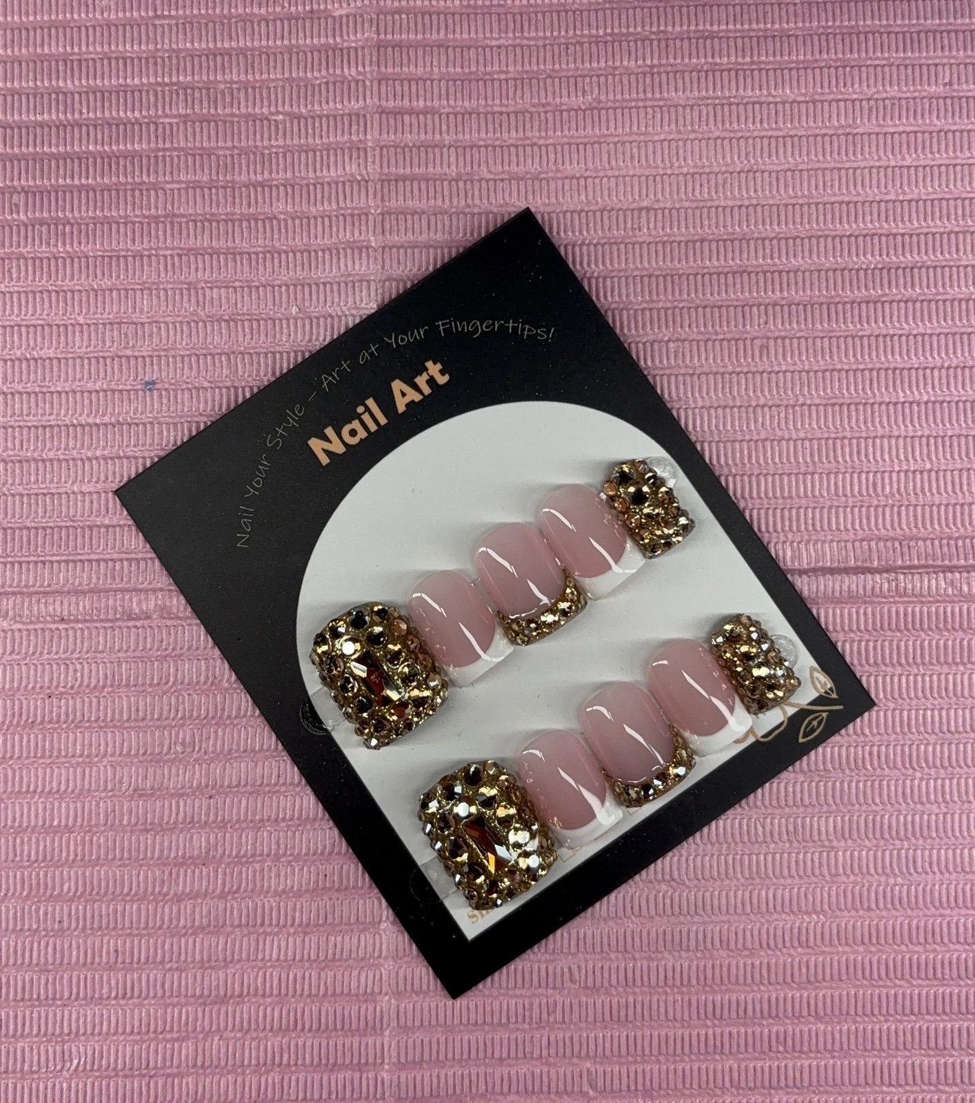 Extra Short square press on nails gold rhinestones white