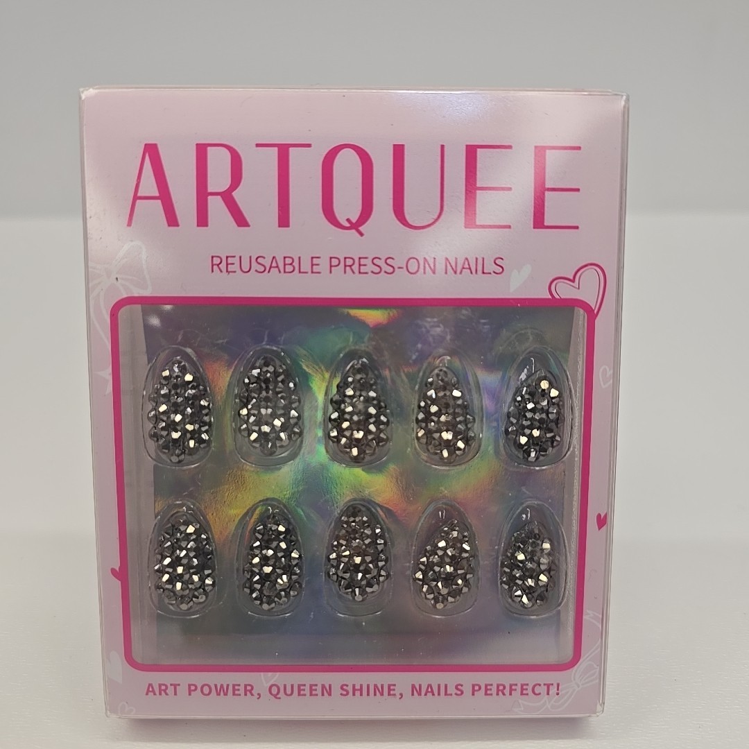 Press On Nail Kit Glam Rhinestone Metallic Silver Gray Glamour Nails Reusable