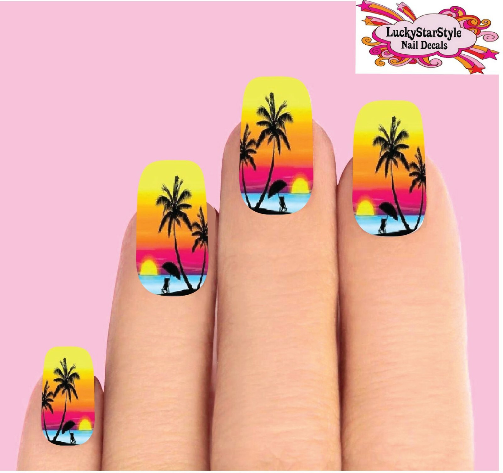 Waterslide Full Nail Decals Set of 10 – Hawaiian Beach Sunset with Palm Trees