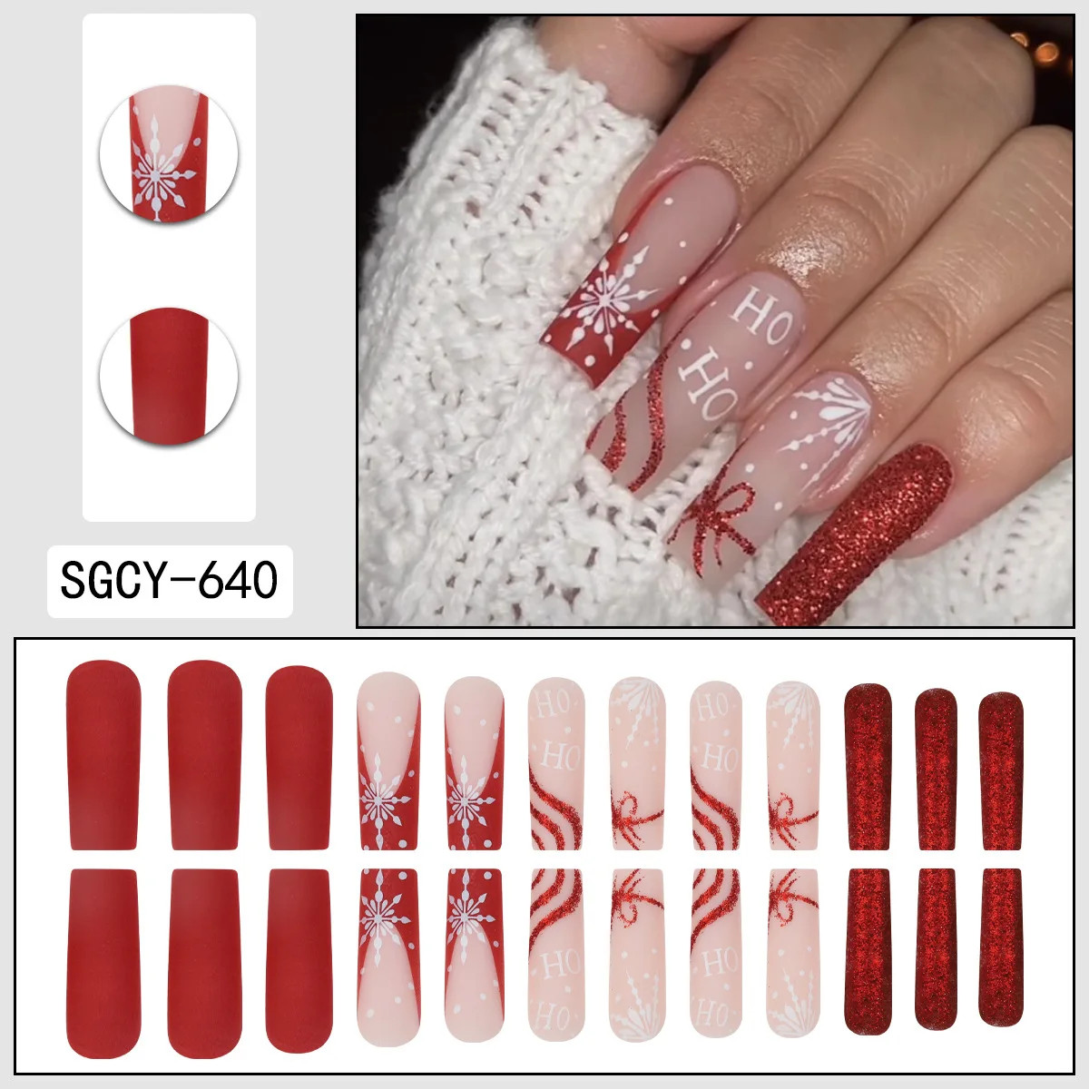 24Pcs Christmas Red Bow Snowflake Coffin Ballet Press On Nails