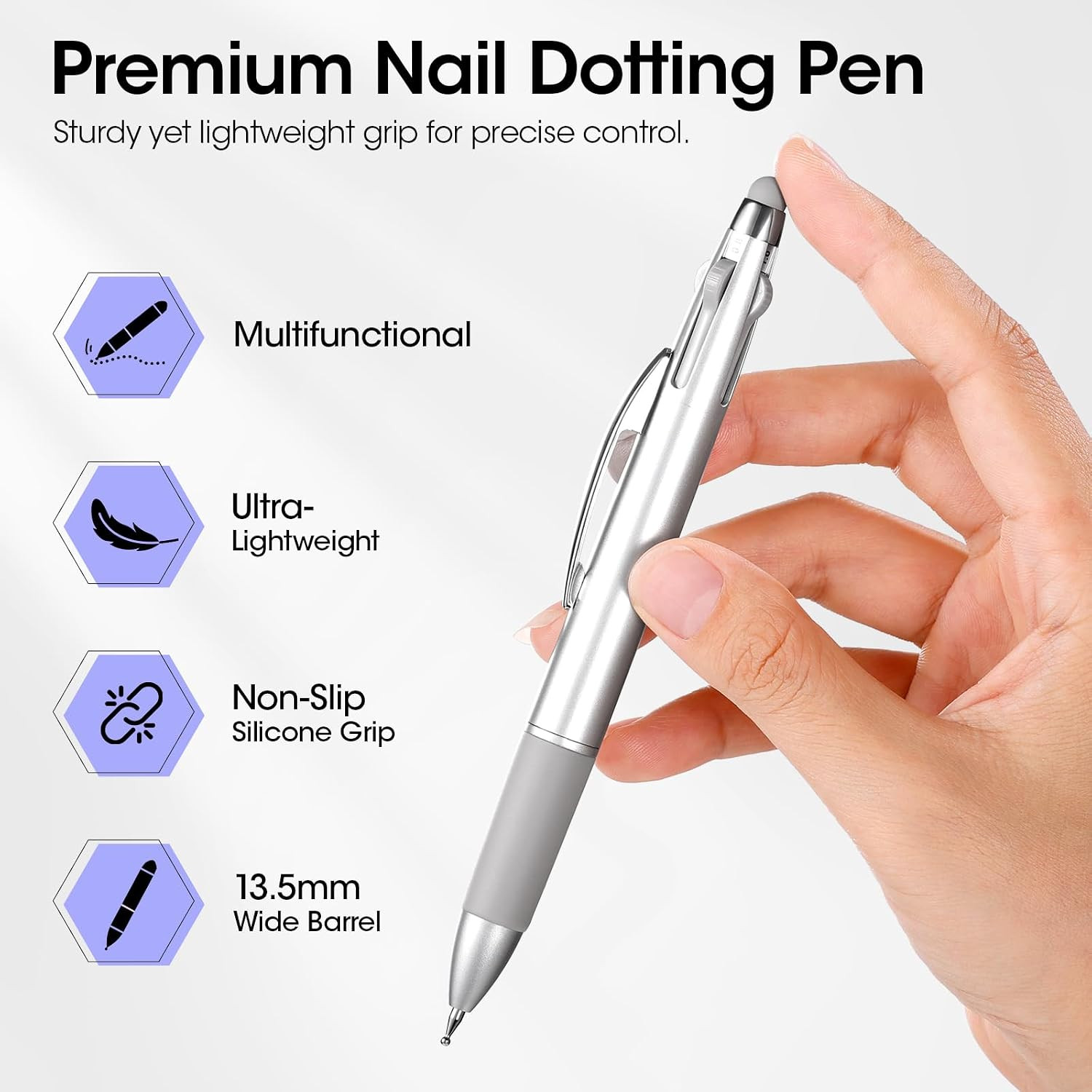 5-In-1 Nail Dotting Pen with Ballpoint Pen Design & Nail Rhinestones, Double-End