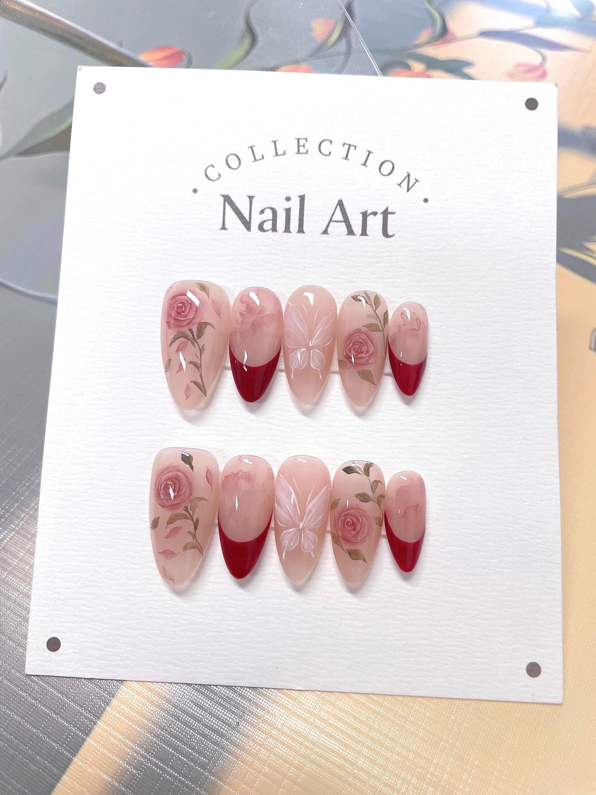 Handmade Custom Red French Tip Watercolor Rose Butterfly Almond Press on Nails