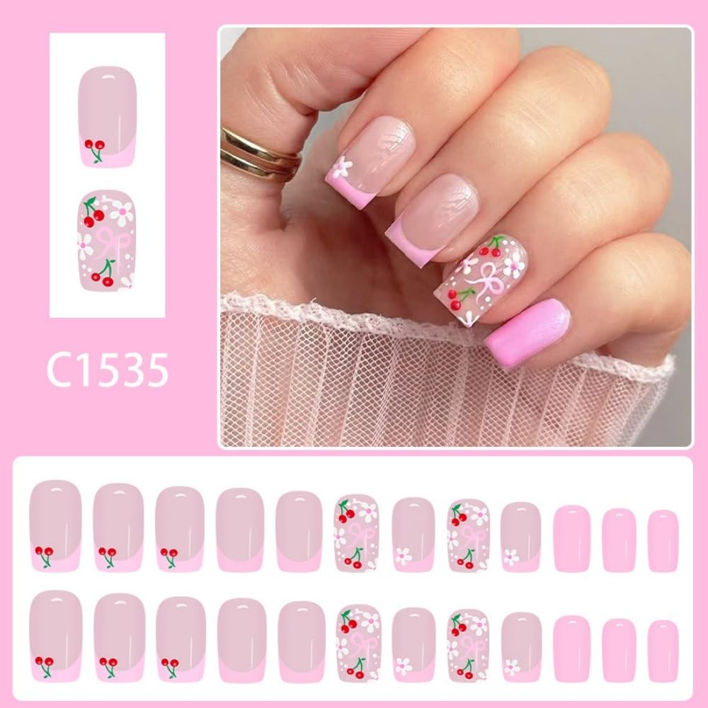 French Tips Press on Nails Medium Square Fake Nails with Flower Bow Design Gl…