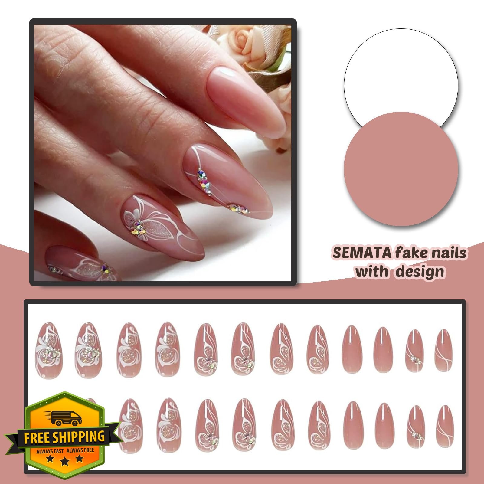 SEMATA Pink Almond Press on Nails Butterfly Rhinestone Spring 24Pcs