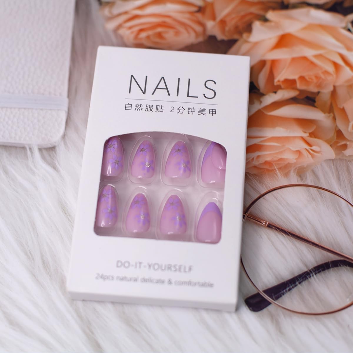 30Pcs Short Almond Press On Nails – Purple Flower French Tip short, A15