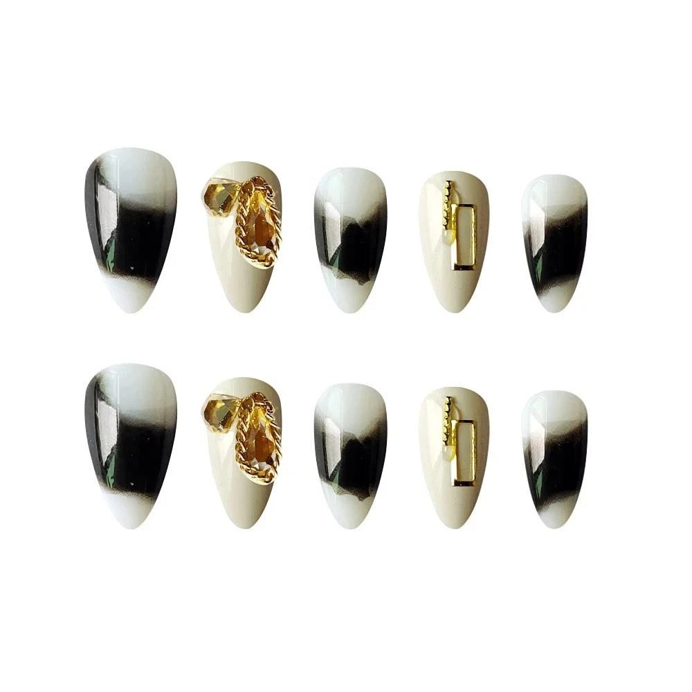 Secret Lives 24 PCS Reusable Fake Nails Set | White with Dark Grey Patch & Golde