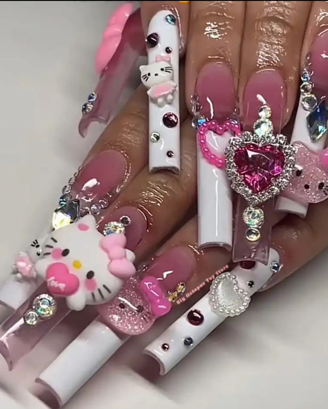 Xxxl Rectangle, Fake Nails 3D Hello KITTY Pink Diamond Strong, Long Nails