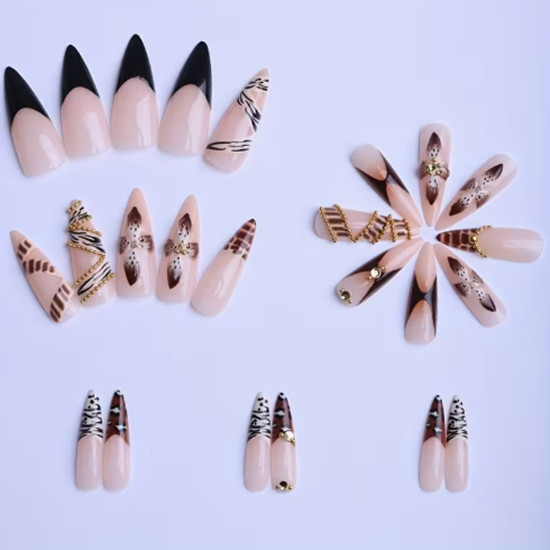 24 Pieces Press-on Nails -Long Almond Pointed Glossy Browns Animal Flowers 3D