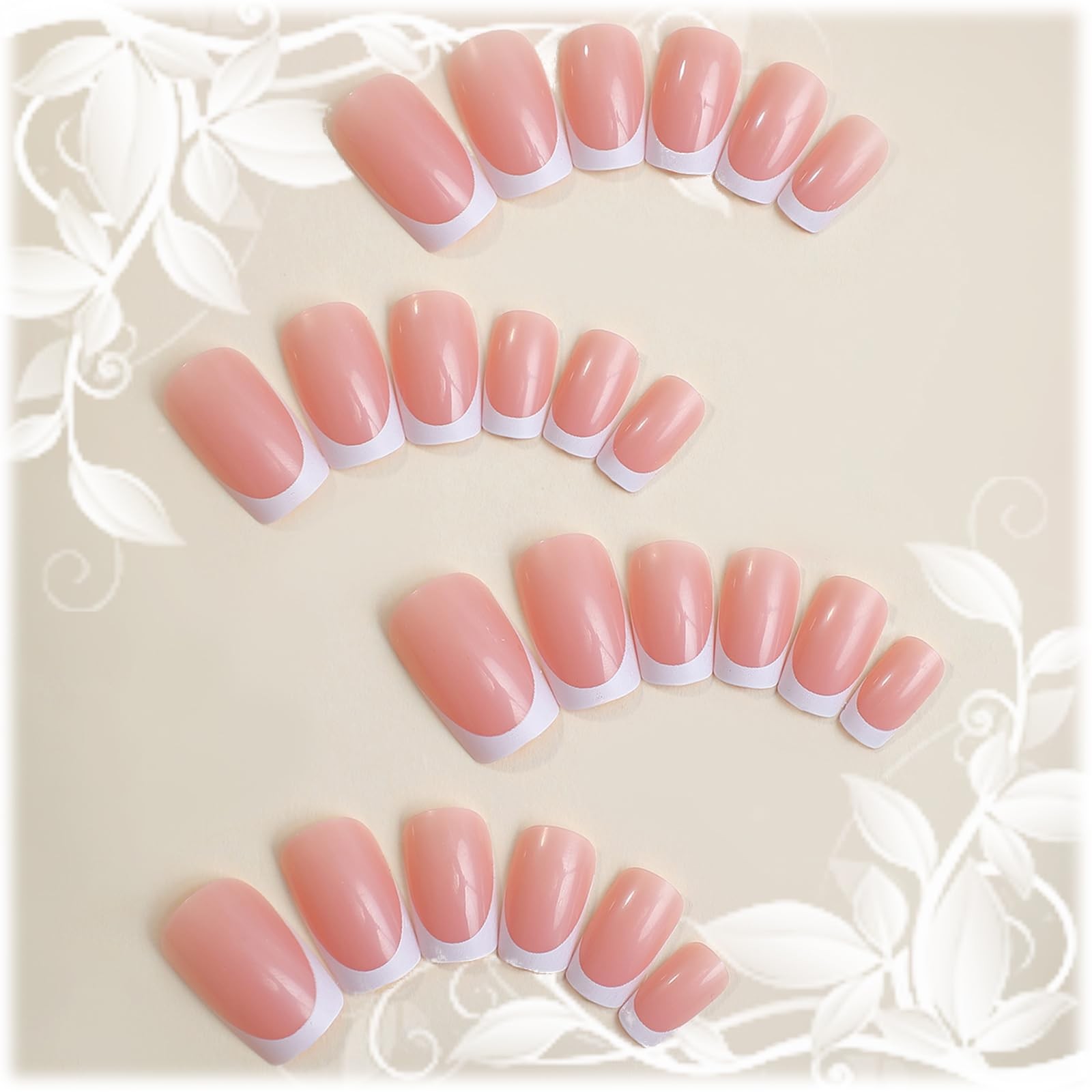 24Pcs White French Tips Press on Nails with Simple Design, Glossy Nude Medium
