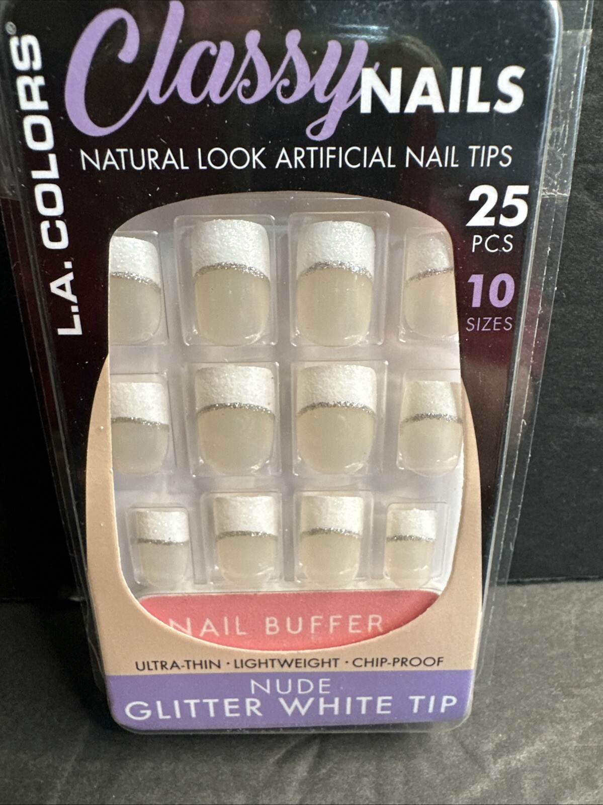 LA Colors Classy Nails Nude French White Tip Silver Glitter Stripe 25 Pieces NEW
