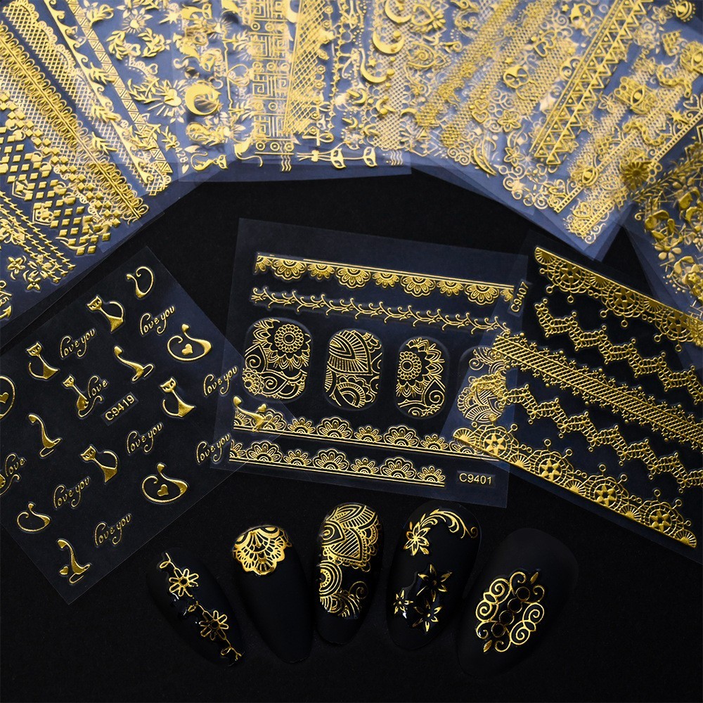 10 Sheets Nail Art Stickers Gold Lace Moon Star French Line Geometric Slider C94