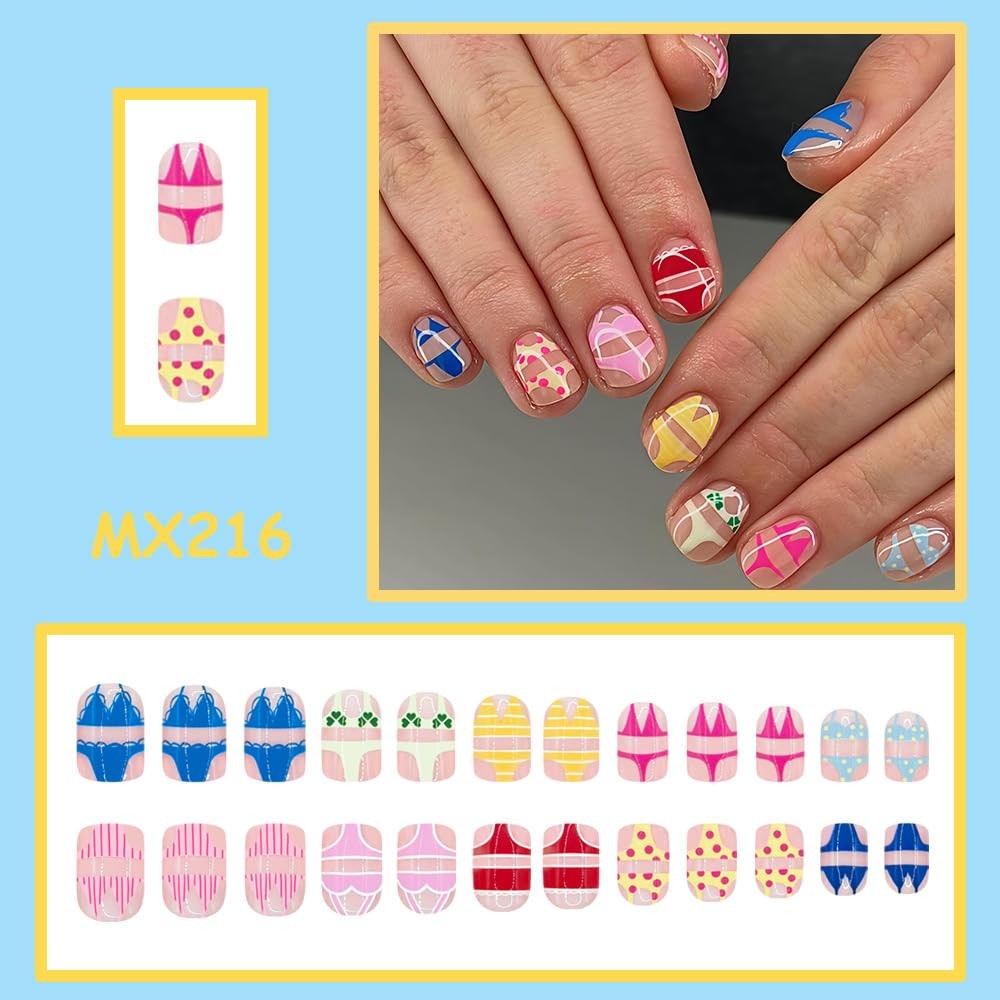 ZIFANHU Summer Press on Nails Extra Short Square Fake Nails Press ons with Co…