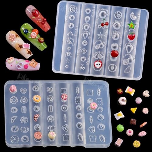 2 Pcs Food & Fruit Silicone Nail Molds, 3D Strawberry Cherry Apple Food Fruit