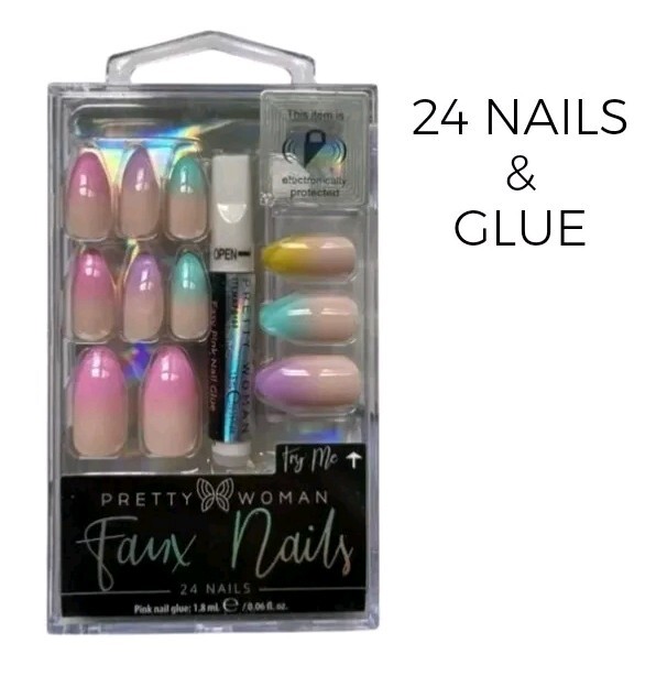 Pretty Woman Faux Nails Pastel Ombre Glue On Full Tip Medium Almond Manicure #24