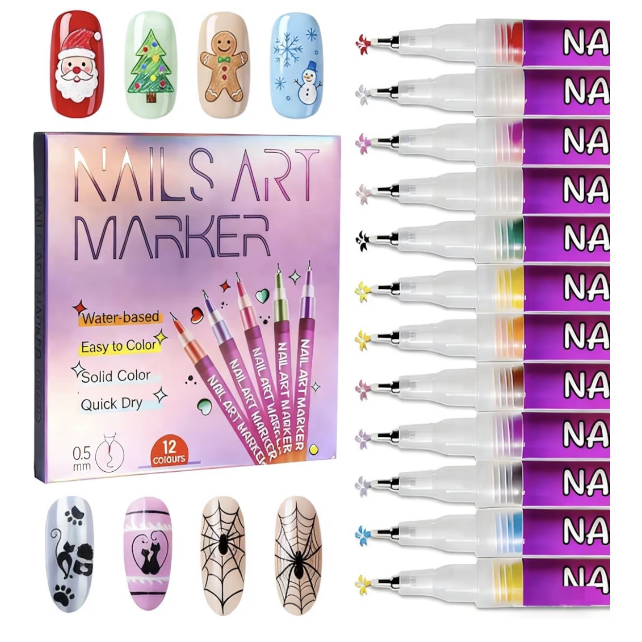 Nail Art Marker Set, 12 Colors, Water-based, Quick Dry, Solid Color, Multicolor*