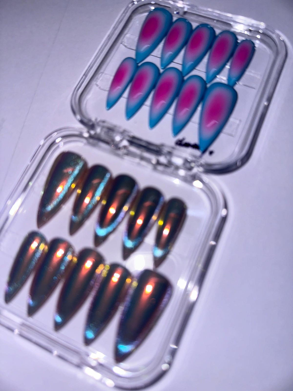 Custom Handmade Silver Holographic Chrome Long Stiletto Press on Nails