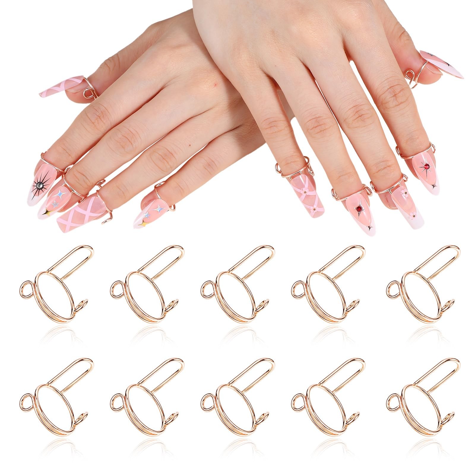 10Pcs Wudu Nail Rings with Nails Attached, Rose Gold Adjustable Metal Nail Ri…