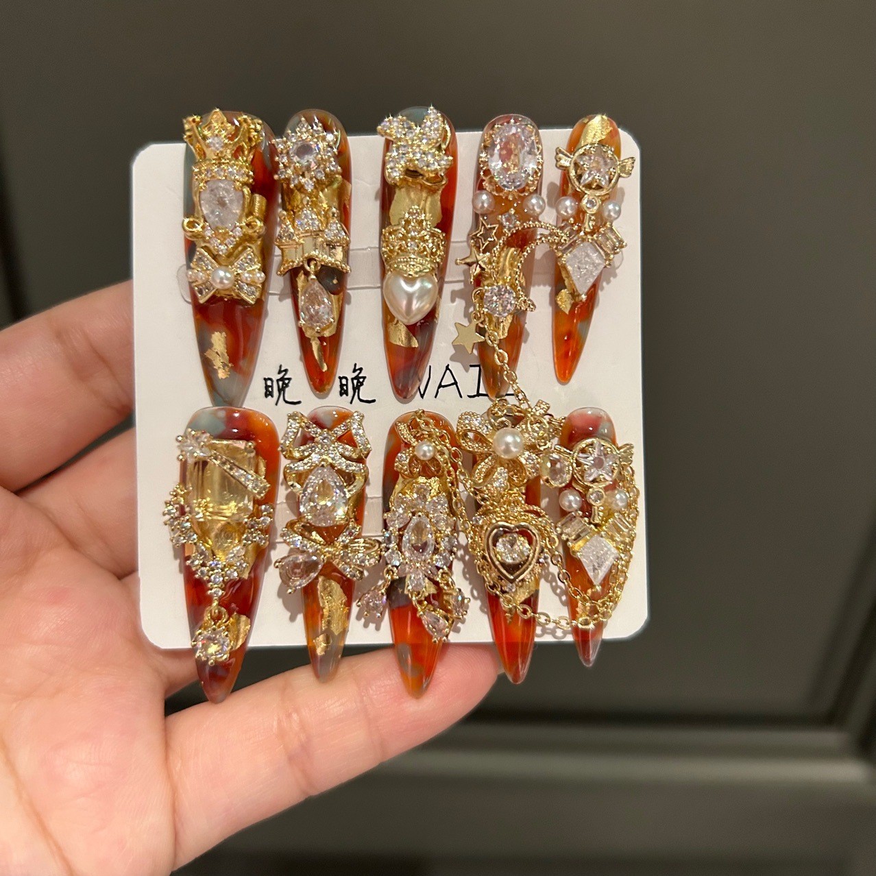 Amber Handmade Press On Nails Full Zircon Design