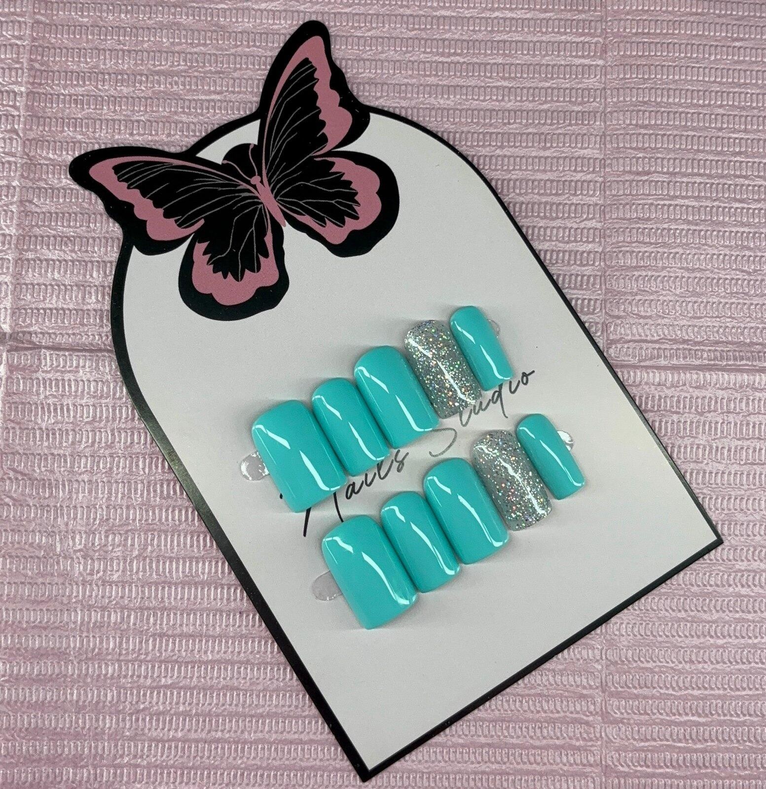 Short square Press on nails silver glitter teal light blue handmade custom gel
