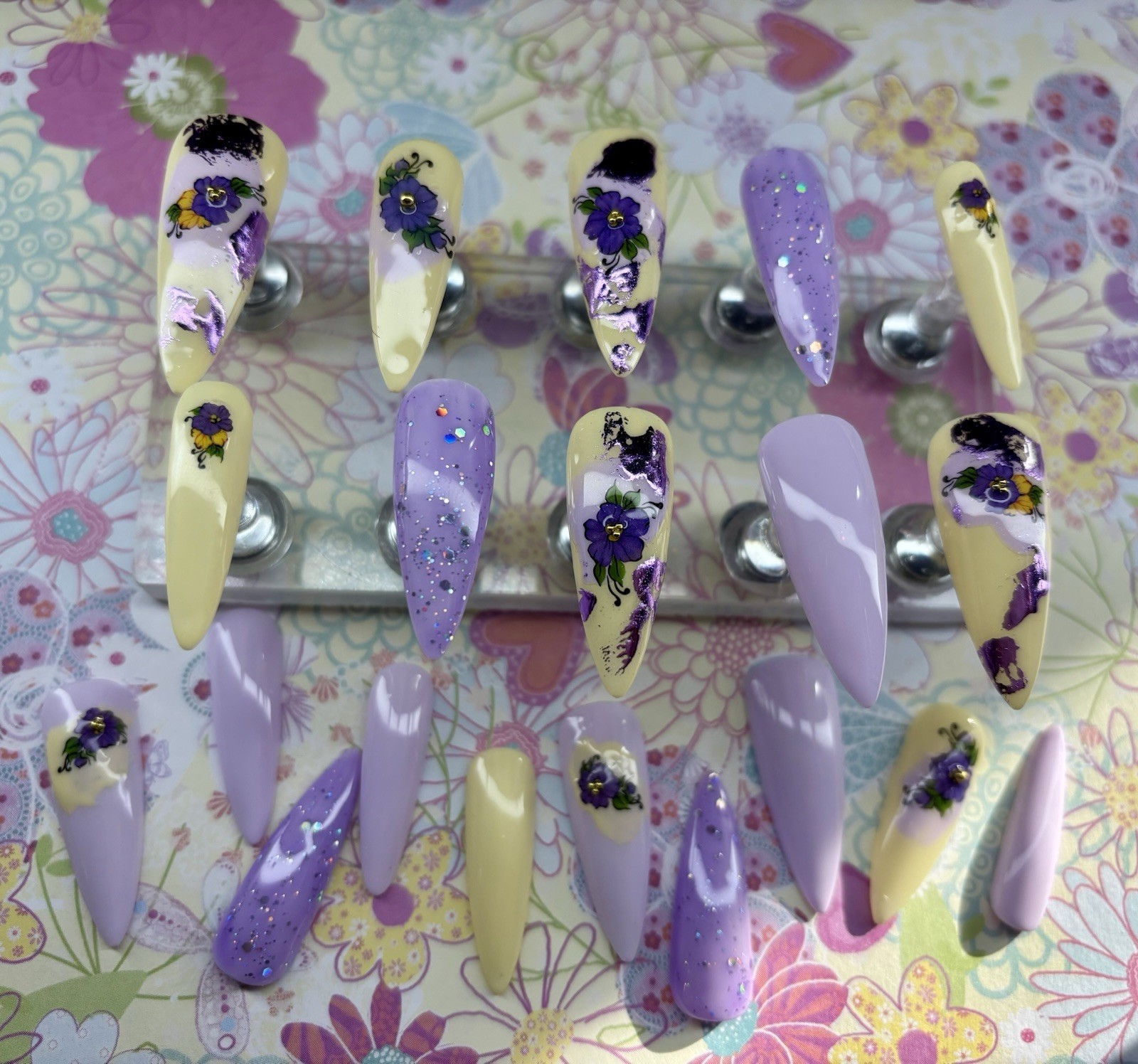 20 piece set handmade press on nails. Yellow purple floral med/short Stiletto