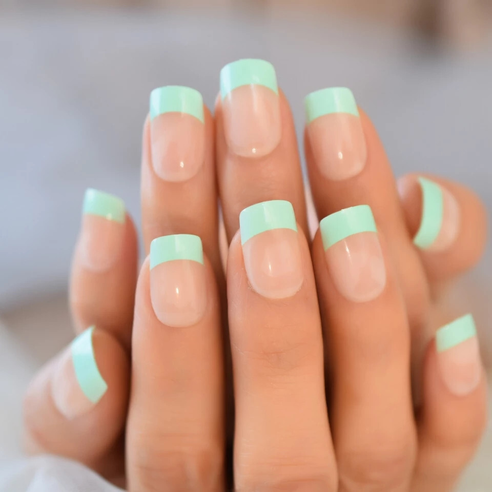 24 Short Press on nails kit w glue Mint green french tip nude