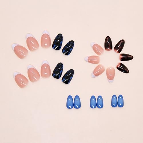 Oval Press on Nails Short Fall Fake Nails Blue Ombre, Brown Amber 92-04Blue
