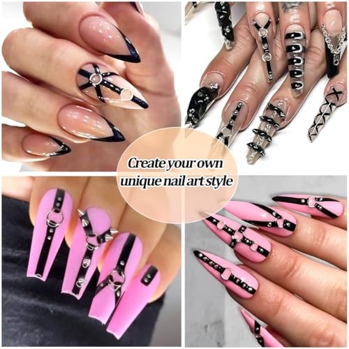 4 Sheets Black Punk Belt Nail Stickers Decals Goth Nail Charms 5D Embossed