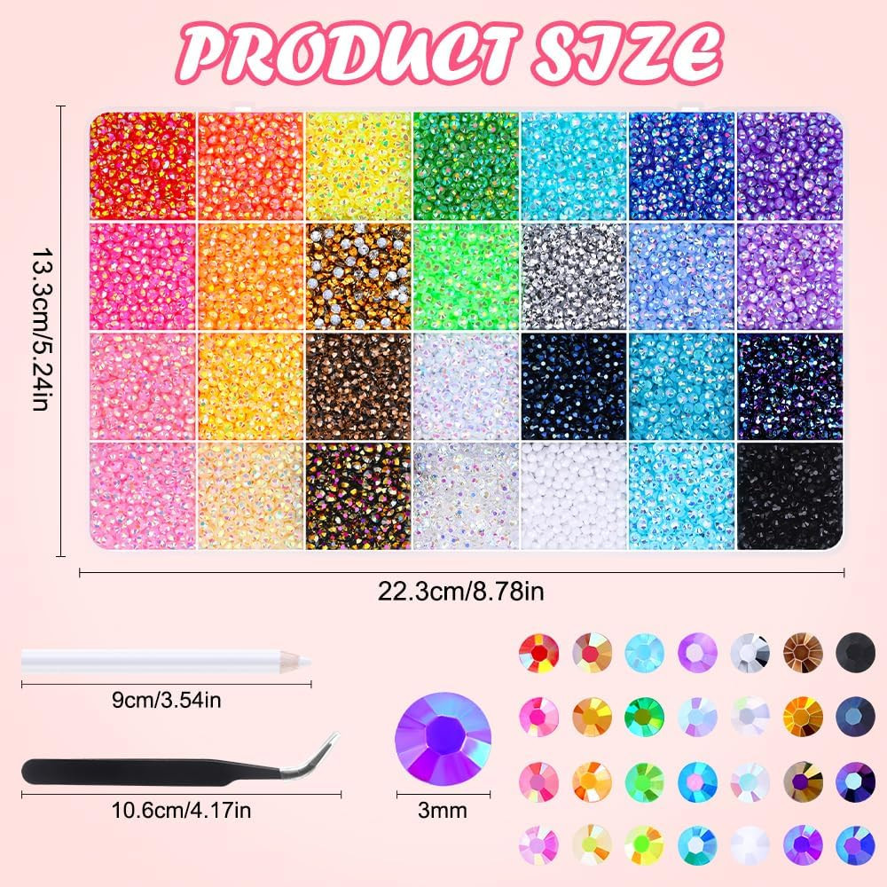 JOLCEEY 34000Pcs Nail Art Rhinestones, 28 Colors 3Mm Flat Back Nail Gems Crystal