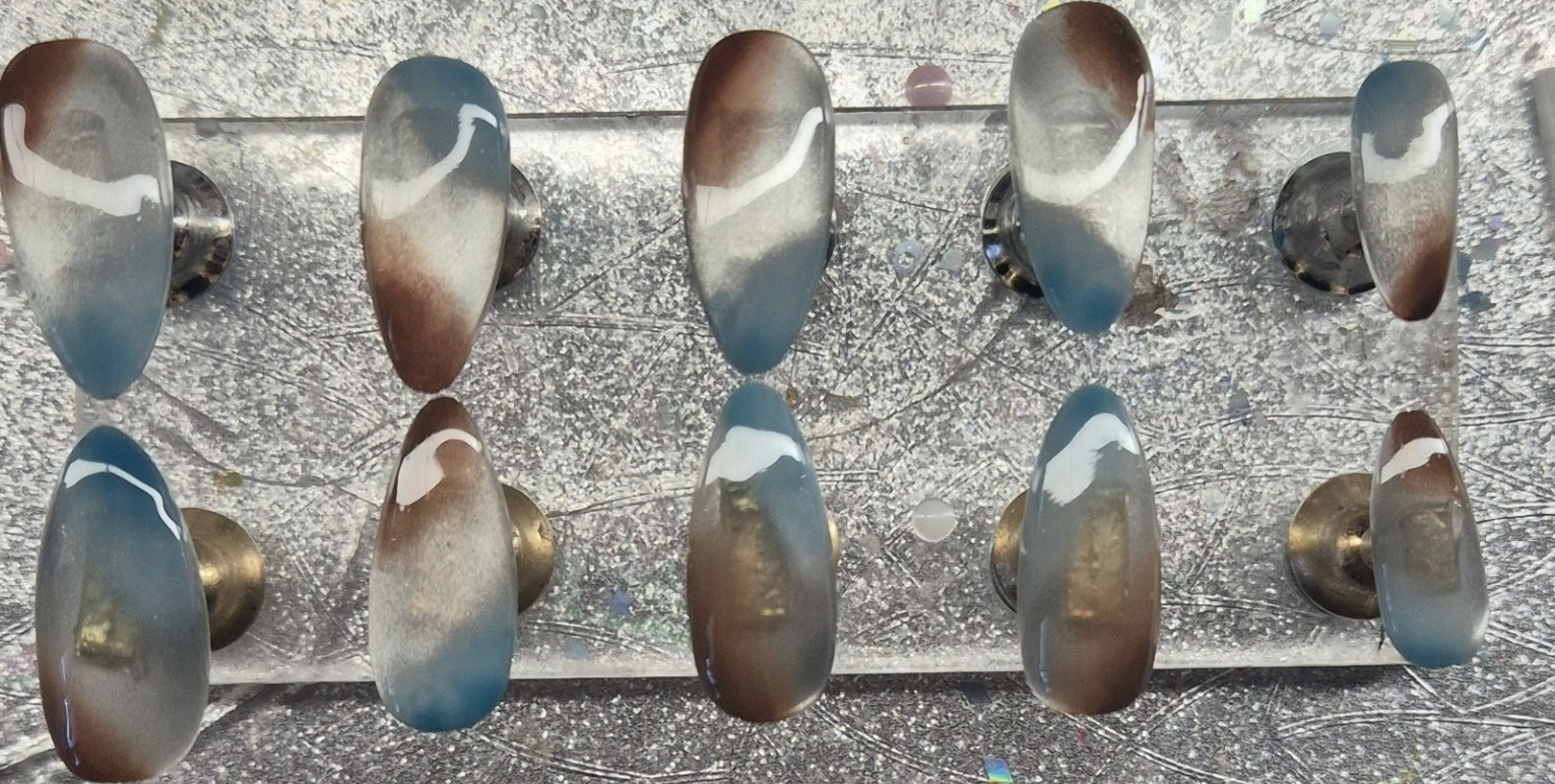 Blue Brown White Abstract Shiny Almond Press-On Nails Pre-Designed Full Cover