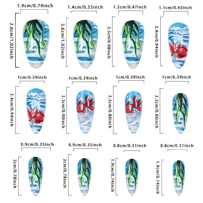 48 Pcs Blue Goldfish Press on Nails, Medium Almond 3D Aquatic Glossy Fake Nails