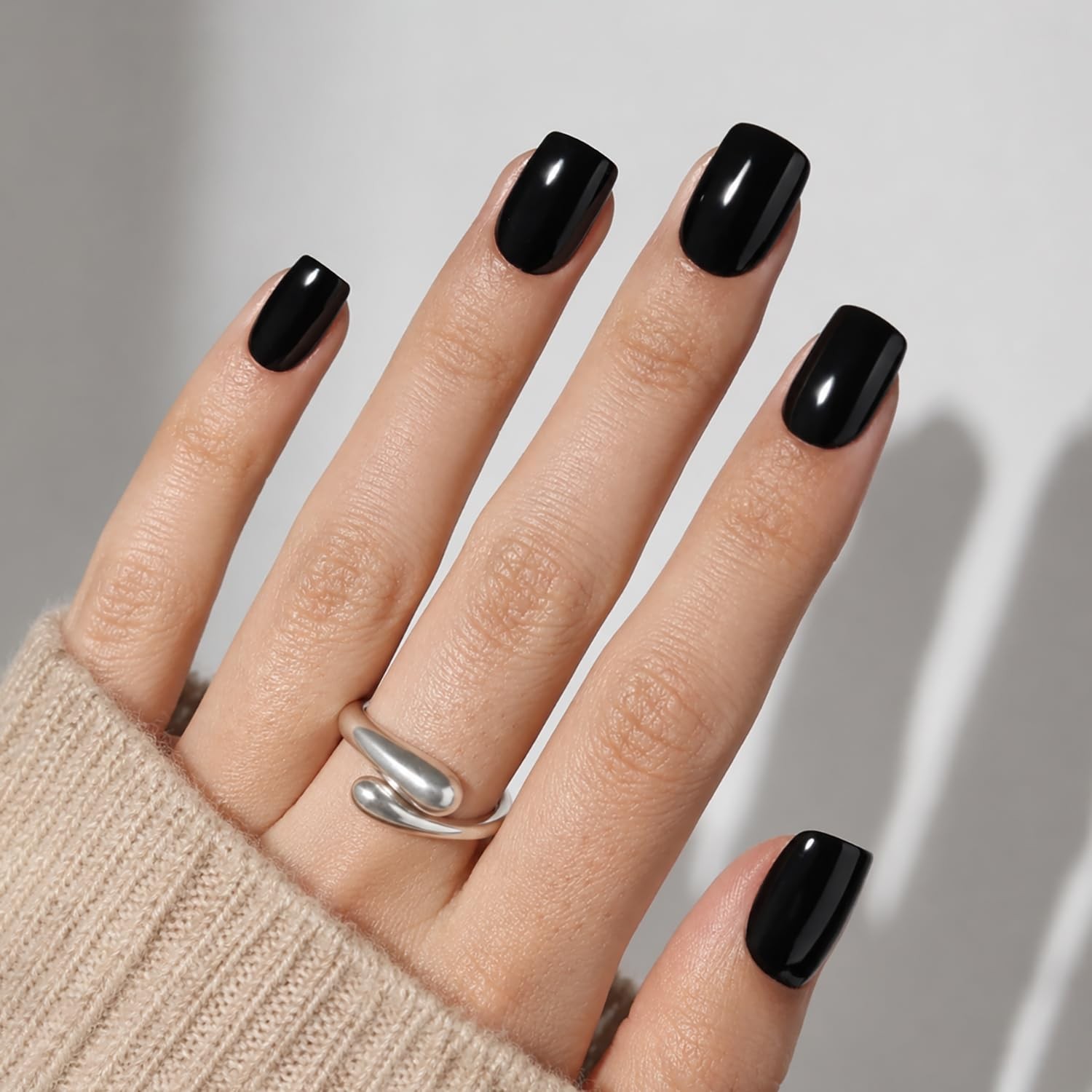 30pcs Black Press On Nails Short Square Glossy Acrylic Gel Fake Nails 15 Sizes