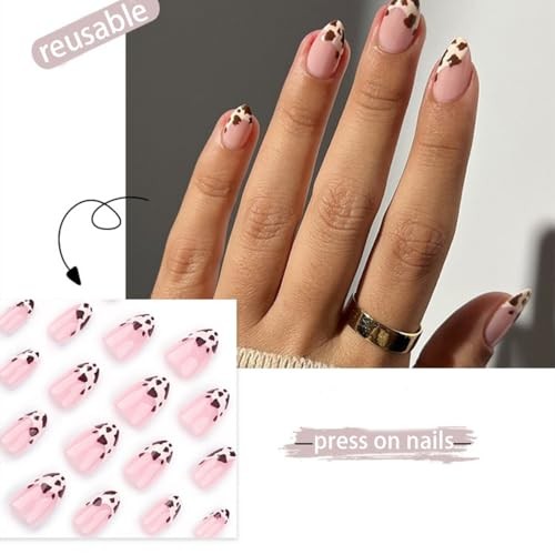 24Pcs Short Press on Nails Cute Almond Fake Nails Cow Pattern Design French A14