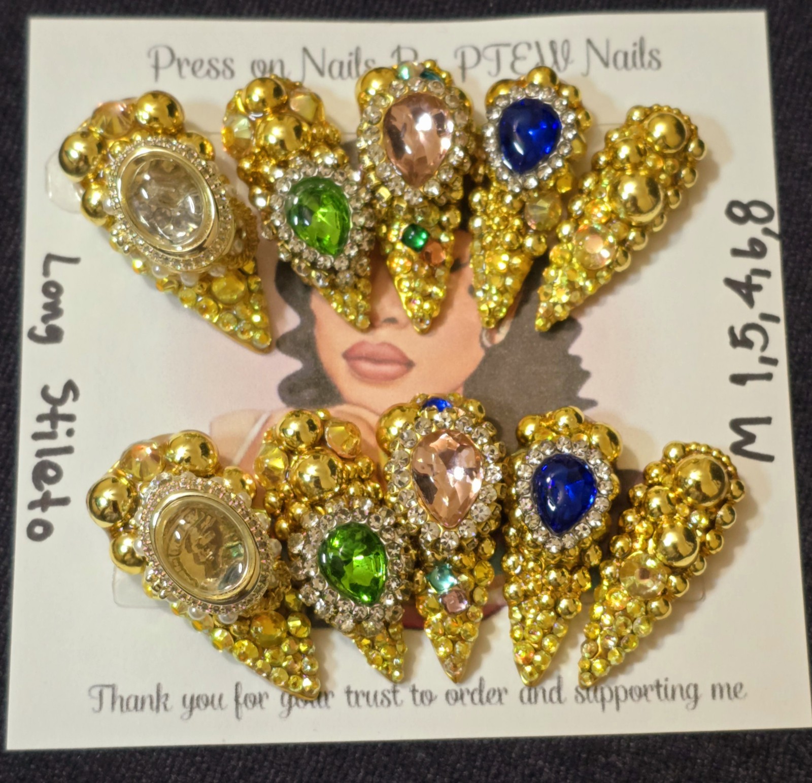 Handmade Press On Nails,Luxury Richy Girl,Medium Size 1,5,4,6,8 Long Stiletto