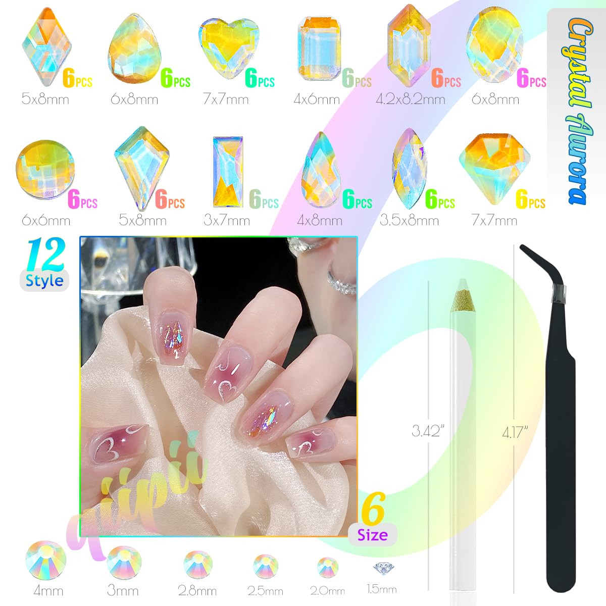 Aurora Nail Art Rhinestones Clear Moonlight Nail Charms Multi Shapes Aurora Flat