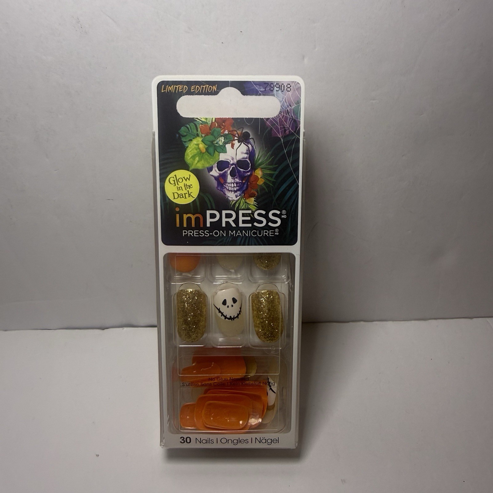 KISS imPRESS HAYRIDE 30 Press-On Nails Glow in Dark Skeleton Glitter Orange Fall