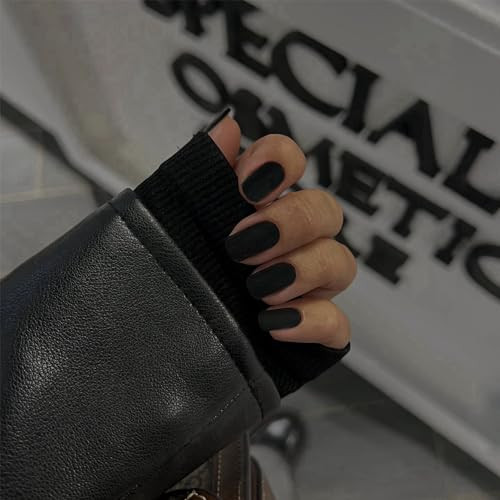 Matte Black Press on Nails Short Medium Square Glue on Nails square mat black