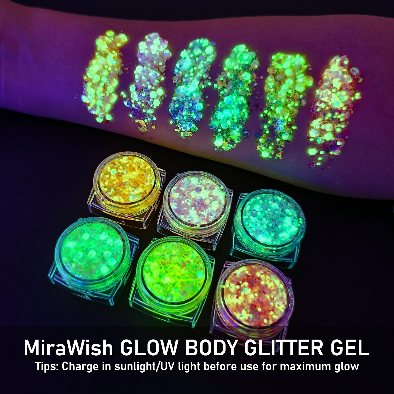 6 Colors Glow Body Glitter Gel, Glow in The Dark Hair Face Glitter Gel, Rave …