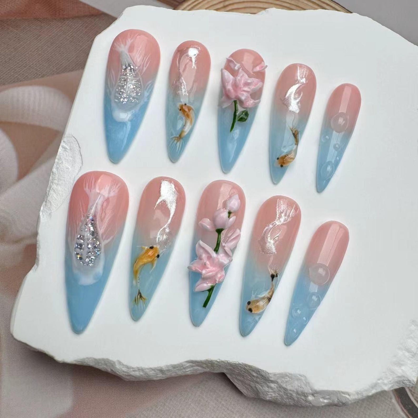 Handmade Pink Blue Gradient Goldfish Lotus Bubble Long Stiletto Press on Nails
