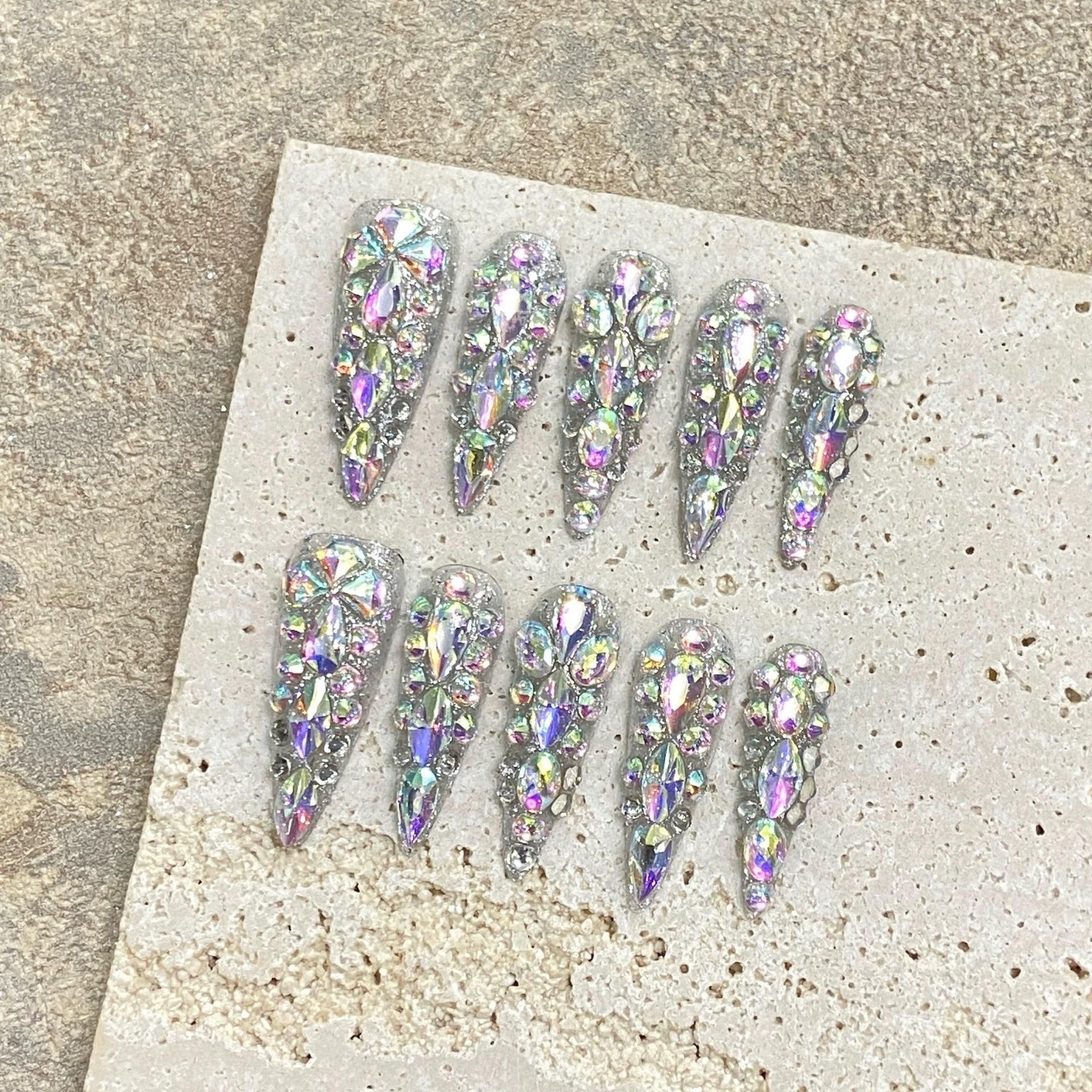 Handmade Colorful Full Stone Press On Nails Short Square Shimmery False Nails