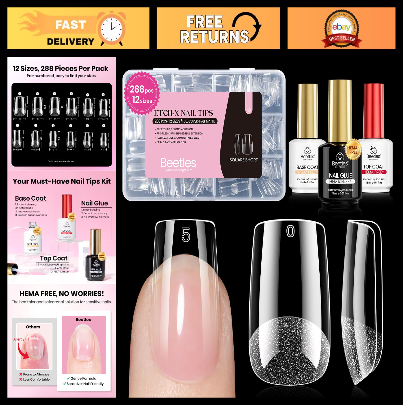 288pcs Short Square Nail Tips Kit – HEMA-Free Glue, Base & Top Coat, DIY Nail Ar
