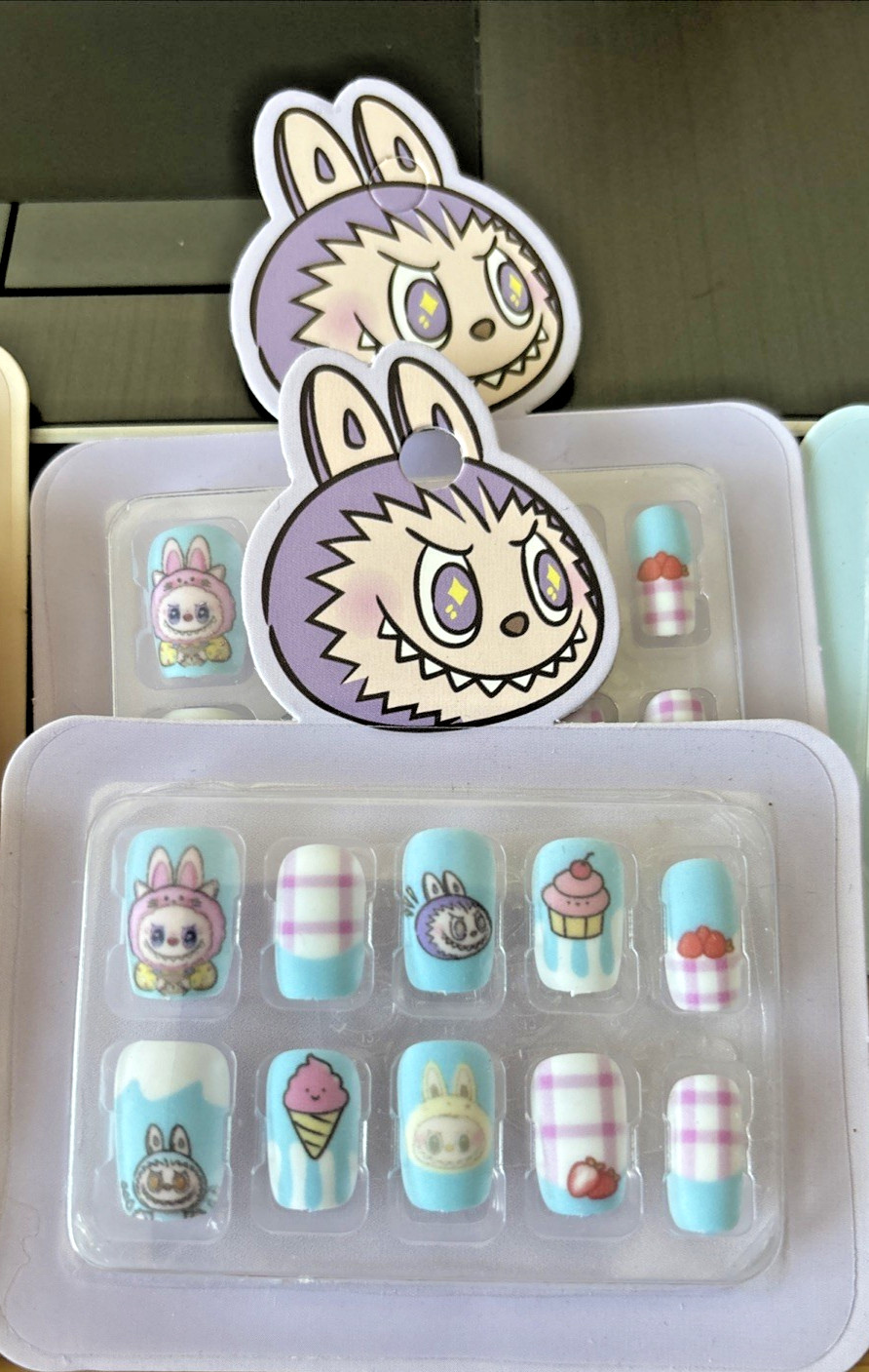 Kids Press on Nails Short Square Cute “Labubu” Design Colorful Minis – 9 Packs