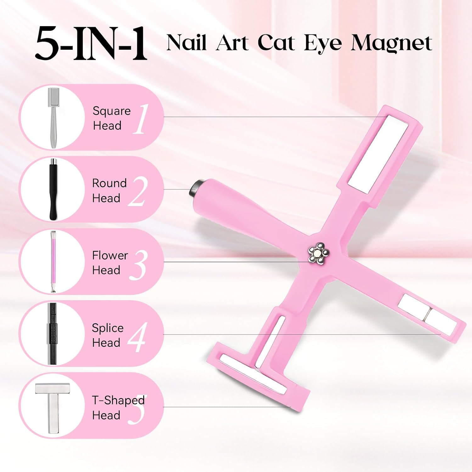 5 in 1 Nail Magnet Tool, Multifunctional Cat Eye Magnet, Pink Magnet Stick for M
