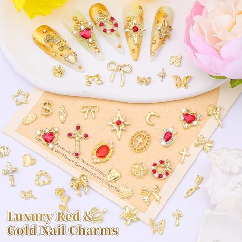 144Pcs Nail Charms and Gems, 3D Metal Heart Star Cross Red Nail Gold