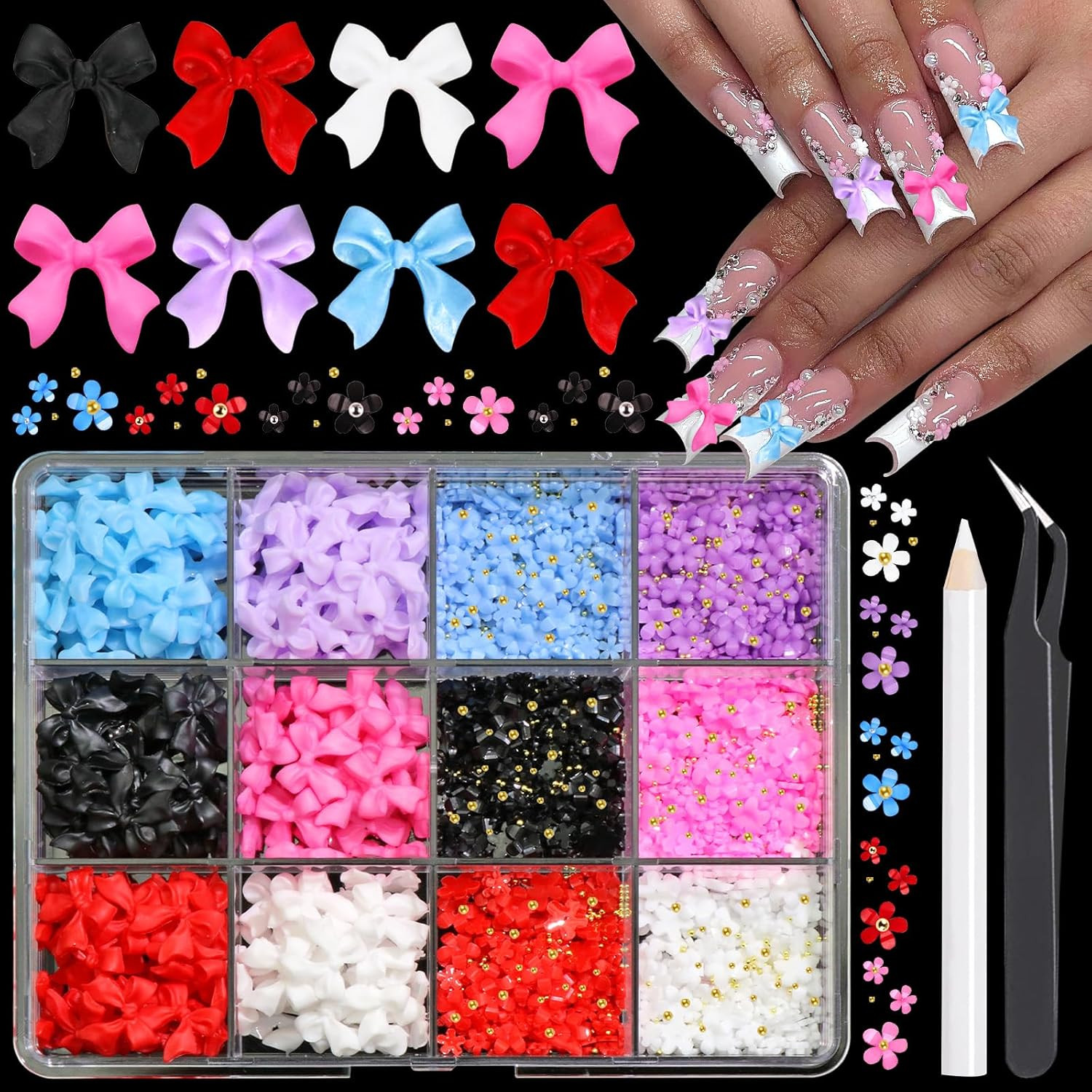 Colorful Bow Nail Charms 6 Colors Mini Flower Nail Art Charm Resin Bowknot Nail