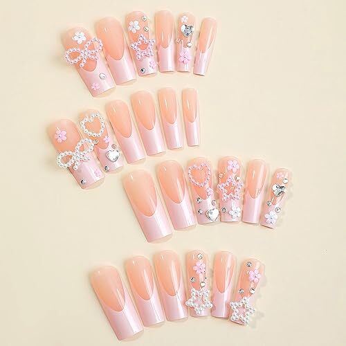 Square Press on Nails Long Fake Nails Pink French Tip Glue on Nails Fne408pink