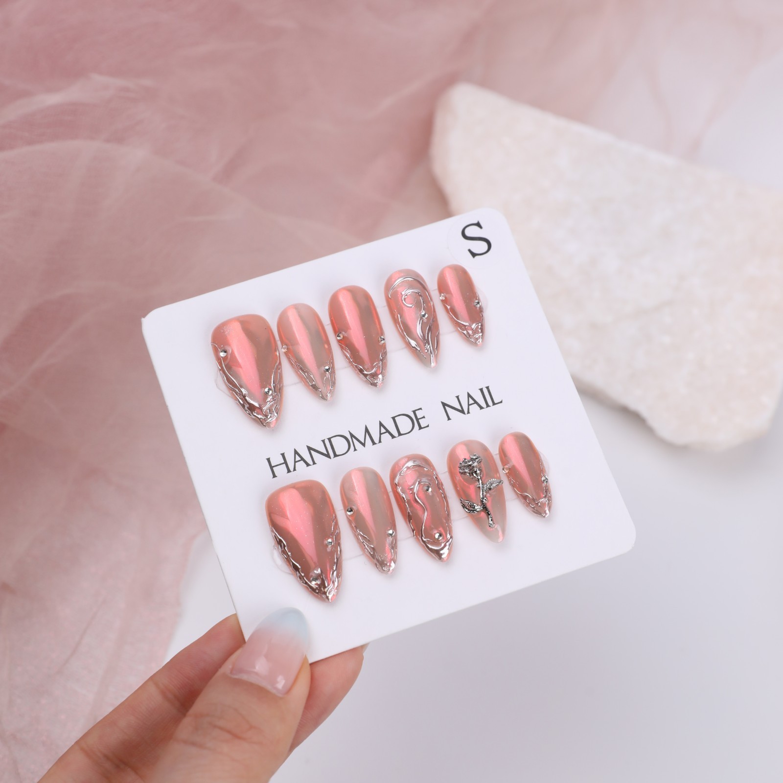 Handmade Chrome Pink Press On Nails Medium Almond 3D Metal Rose Y2K Punk Glam