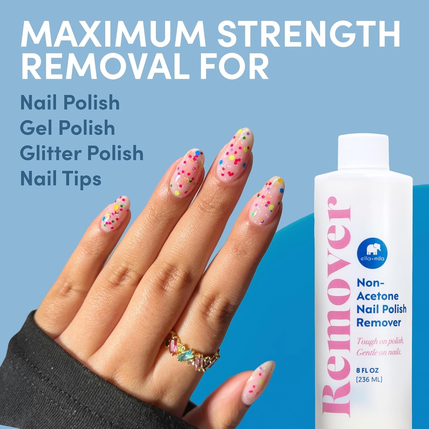 ella+mila Non-Acetone Nail Polish Remover – Gentle, 8 Fl Oz (Pack of 1)
