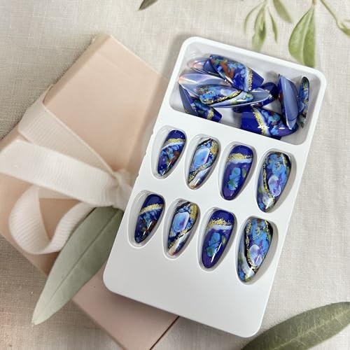 Press on Nails Almond Medium Artificial Acrylic Fingernails Gold Blue Star Sky